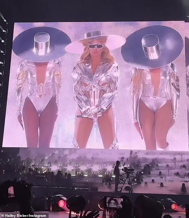 Hailey also shared a short video of Beyoncé in a metallic silver blazer and a wide-brimmed chrome hat alongside her backup dancers.