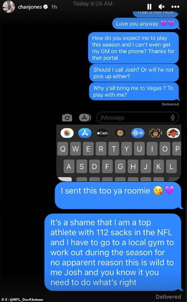 Jones then shared a series of texts claiming he deserves better from the Raiders