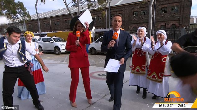 Sunrise was forced to film one of its outdoor broadcasts in the loading dock on Monday, while presenters Natalia Barr, Matt Shirvington, Edwina Bartholomew and Mark Beretta presented in the ramp