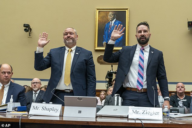 IRS Supervisory Special Agent Gary Shapley, left, and IRS Criminal Investigator Joseph Ziegler, are sworn in at a House Oversight and Accountability Committee hearing of IRS whistleblowers starting in July