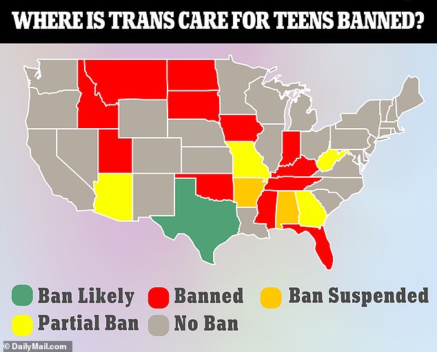 The states with bans, restrictions or restrictions on gender affirmative care include Alabama, Arkansas, Florida, Georgia, Idaho, Indiana, Iowa, Kentucky, Louisiana, Mississippi, Missouri, Montana, Nebraska, North Dakota, Oklahoma, South Dakota, Tennessee, Texas, Utah and West Virginia