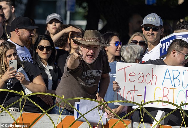 An anti-LGBT+ protester yells at pro-LGBT+ protesters in Glendale, California, after a school board discussed June's recognition as Pride Month, sparking violent protests