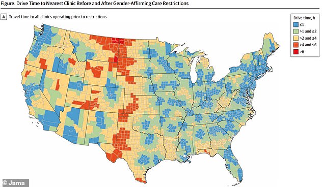 The above map from a study published in JAMA shows the average travel time to the nearest gender-affirming clinic before several states imposed restrictions on medical care for transgender youth.