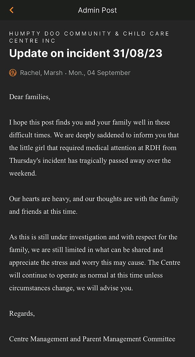 Parents say they've been given few details about the incident, with just three emails (the latest pictured) via the center's app updating them since the tragedy unfolded