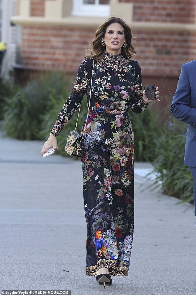 Married At First Sight's sexologist, Alessandra Rampolla, 49, opted for a floral pantsuit for the event, which she paired with a luxe chain bag