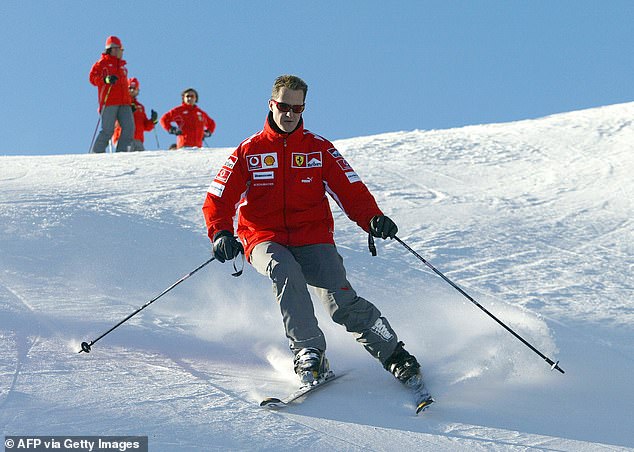 Schumacher (pictured skiing in Italy in 2005) hit a rock while skiing in Meribel in 2013 and suffered a near-fatal brain injury that left him in a medically induced coma for six months.