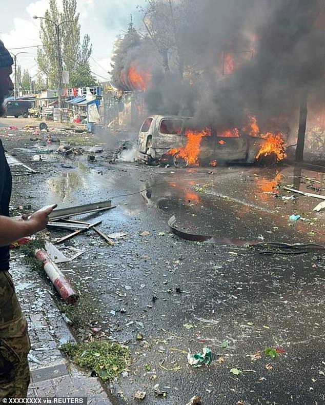 View of a vehicle on fire after an attack on the town of Kostiantynivka in eastern Ukraine, September 6, 2023