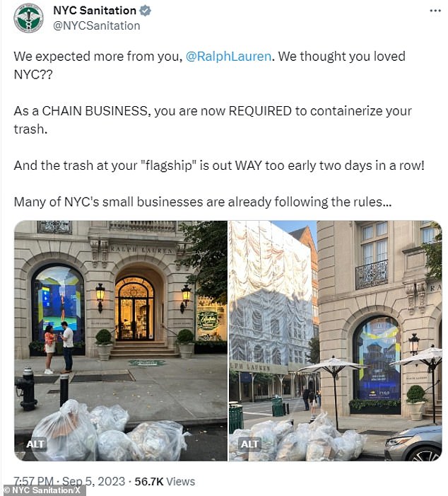 NYC Sanitation shared photos of the trash outside the Ralph Lauren store, writing, “We expected more from you, @RalphLauren.  We thought you liked NYC?'