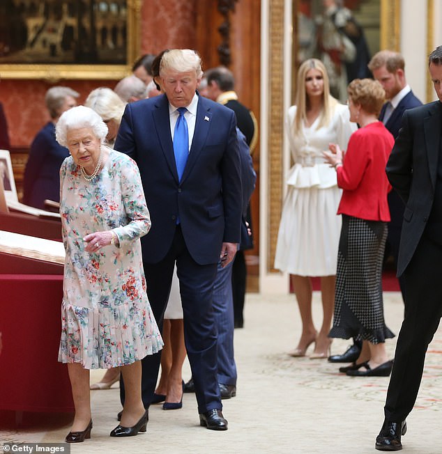 Donald Trump with Queen Elizabeth during the June 2019 state visit, with Harry and Ivanka visible behind them