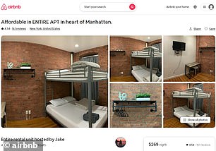 A studio with a bunk bed in Manhattan, New York costs $269 per night