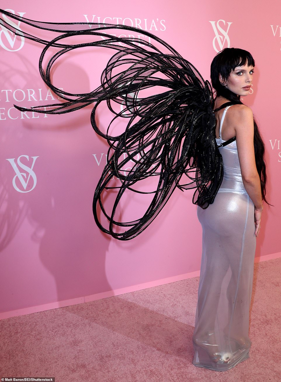 Angelic: The actress/model walked the red carpet wearing creepy black mesh wings on her back