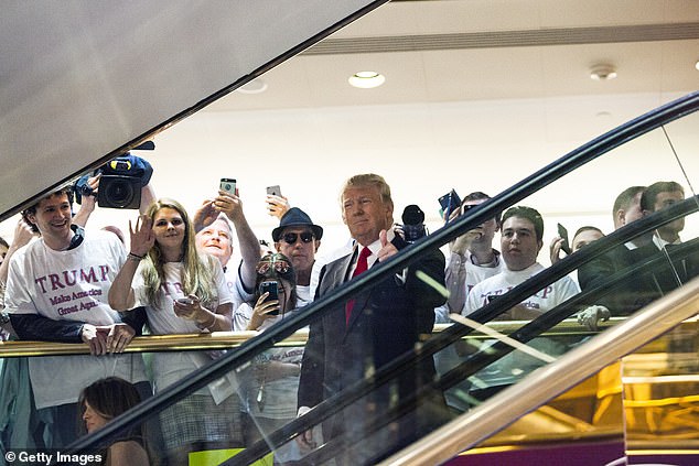 Donald Trump rides an escalator at Trump Tower in 2015 to announce his candidacy for the presidency of the United States