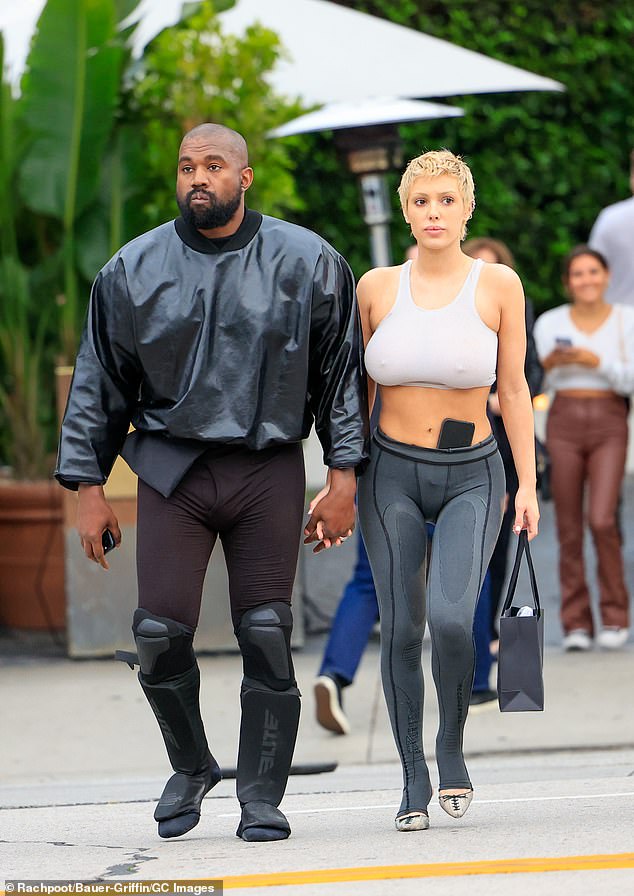 West and Censori wed in a private ceremony in Beverly Hills in January, about two months after the rapper's divorce from Kim Kardashian was finalized (West and Censori are pictured in Los Angeles on May 13)