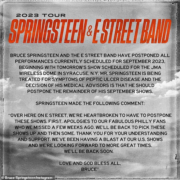 Health concerns: The music icon, 73, announced he will be taking a break from touring as he is undergoing treatment for 'symptoms of stomach ulcers'