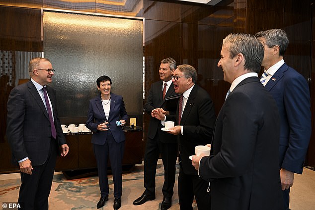 The Big Four banks are all members of the Business Council of Australia, which has pushed for high immigration and lobbied the federal government, with outgoing President Jennifer Westacott (second from left) making a public appearance with Prime Minister Anthony Albanese (far left) ) and Commonwealth Bank CEO Matt Comyn (second right)