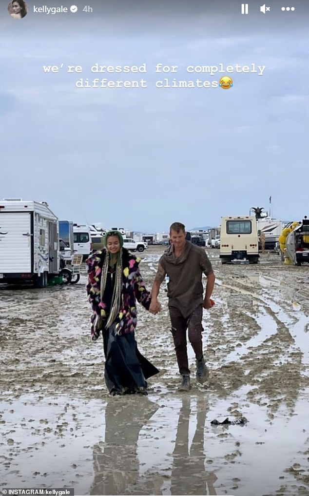 Kelly Gale stunned fans on Tuesday by sharing before and after rain photos that show exactly what revelers at the Burning Man Festival experienced.  One photo shows Kelly and Joel (pictured together) holding hands as they wade through the muddy Nevada desert