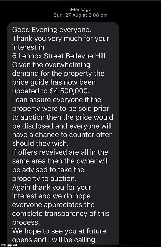 The property was briefly advertised for $3.5 million, the same amount initially quoted to potential buyers, before being revised upwards to $4.5 million.  In the photo, the message informing buyers about the price guideline has been raised