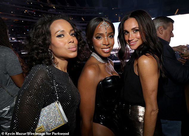 Kerry Washington, Kelly Rowland and Meghan Markle on Monday at SoFi Stadium in Los Angeles