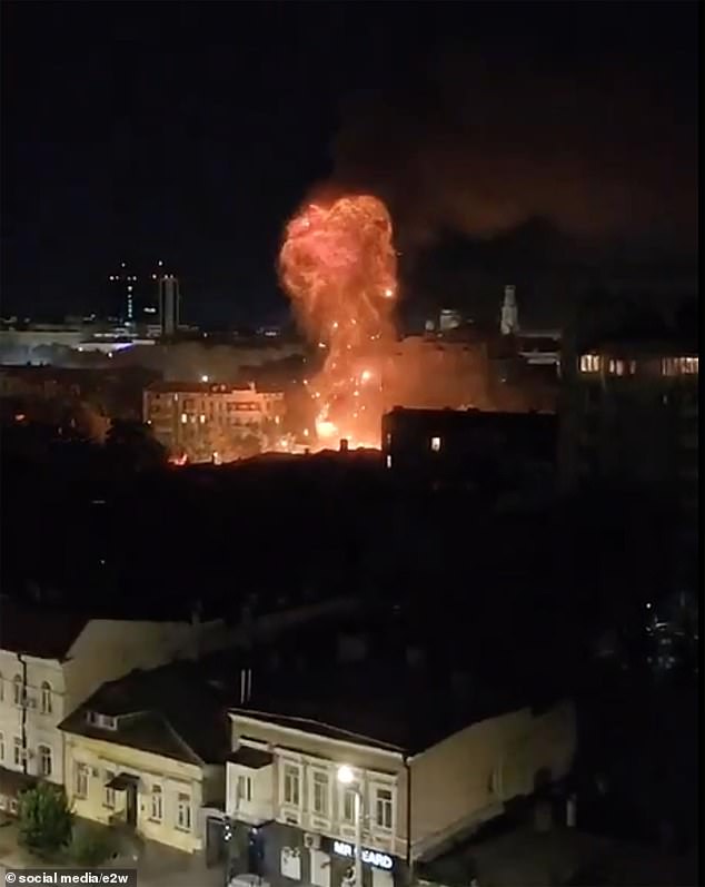 The explosion started a fierce fire near the military headquarters, which Putin reportedly visited several times during the war.