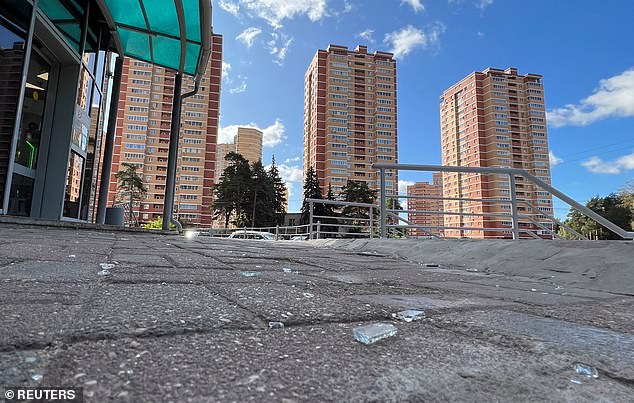 A photo shows broken glass outside a multi-storey residential building after an alleged Ukrainian drone strike in Moscow, Russia, September 7, 2023