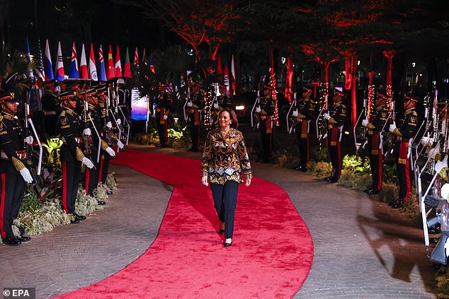 Vice President Kamala Harris arrives for the gala dinner at the 43rd Association of Southeast Asian Nations (ASEAN) Summit in Jakarta.  Biden is expected to attend a dinner at the G20 summit in New Delhi