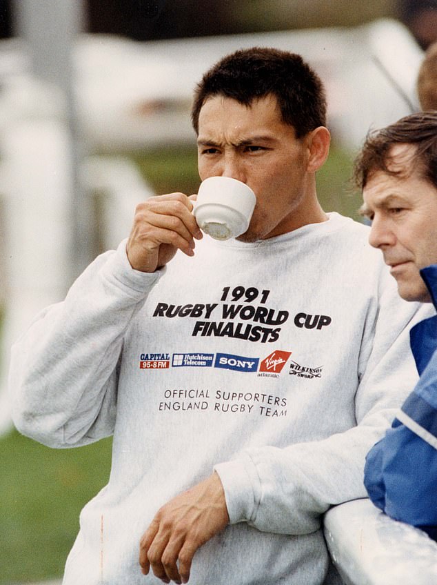 Four years earlier, Rory Underwood enjoys a cup of tea before suffering a devastating final defeat to Australia