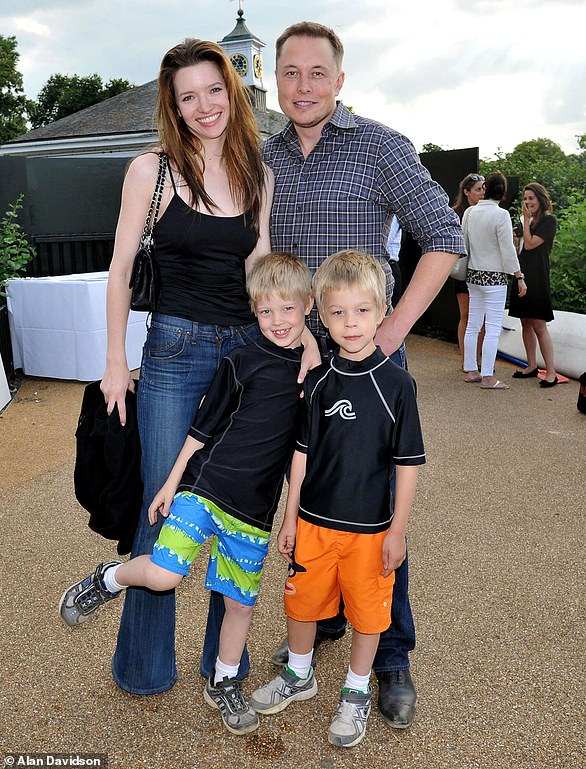 Elon Musk and his second wife, British actress Talulah Riley, are pictured in 2015 with Xavier and Griffin.  The twins are now 18 and Xavier is known as Vivian