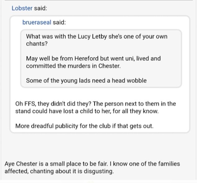 Chester fans condemned the 'disgusting' chants about Letby on a supporters' forum