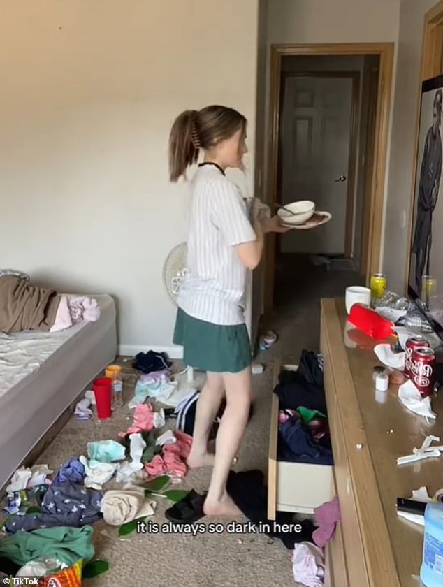 Amanda started throwing out all the trash on her dresser and floor, saying things literally stuck to her feet