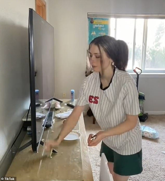 Cleaning her room was a huge job for the 25-year-old, who said she often 'eats and sleeps' in the 'cave-like' room – which is why it was so dirty