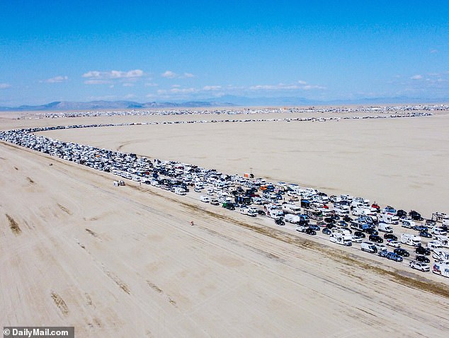 Long queues of vehicles are pictured Monday as festival goers leave the annual event