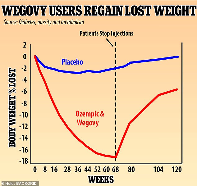 A British study found that people taking Wegovy experienced rapid weight loss, losing 18 percent of their weight over 68 weeks.  They regained two-thirds of that weight, or 12 percent of their original body weight, in the year after they stopped the weekly injections