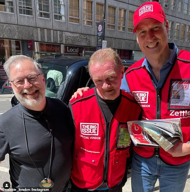 Among those taking a selfie was East London taxi driver Neil Kramer (left), who was charging his electric car when he was approached by the future king.  They are pictured with another Big Issue seller