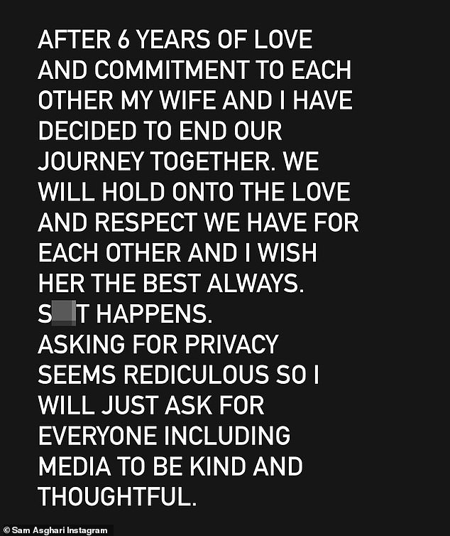 In a statement posted to his Instagram account, the actor wrote: 'After 6 years of love and commitment to each other, my wife and I have decided to end our journey together'