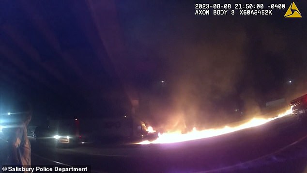 The tractor-trailer caught fire seconds after Lieutenant Brooks rescued the unconscious driver