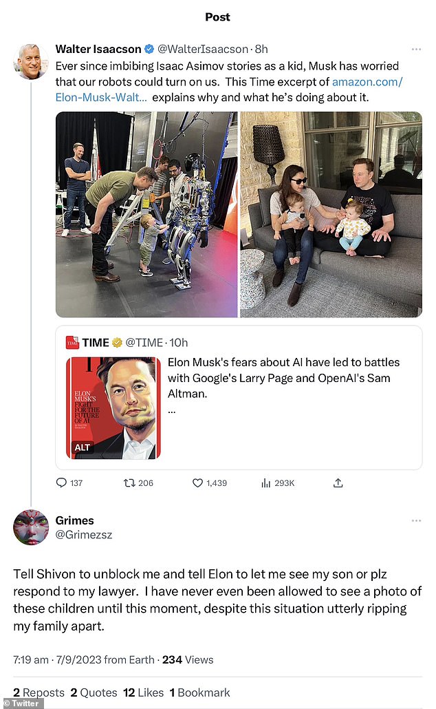 The tweet has since been deleted, but was written under a new image of Musk and his twins he had with Zilis