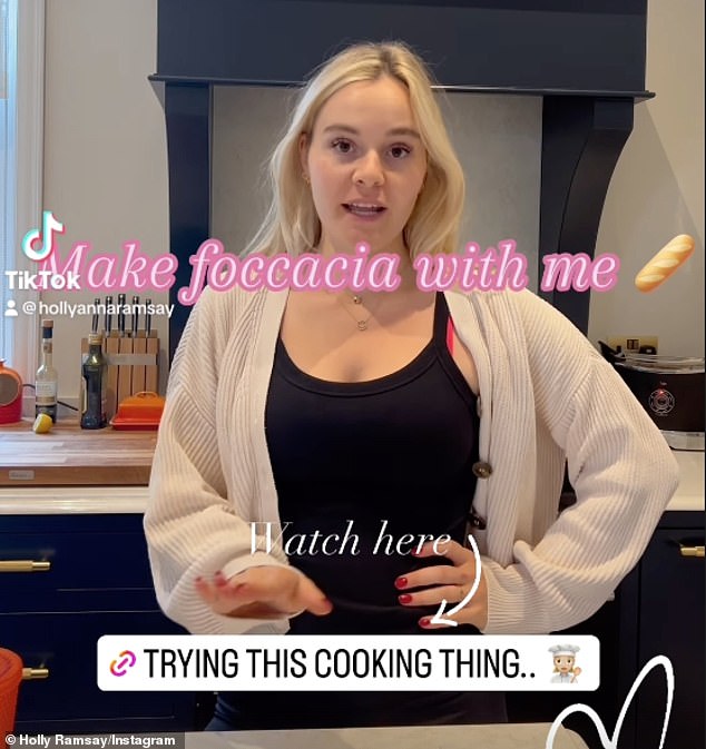 First time for everything: In her first video, Ramsay slowly deciphers how to make focaccia bread from a recipe she read from her laptop - which is very different from her father's attitude in the kitchen