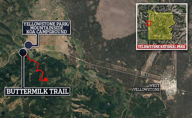 A map of where Amie Adamson was fatally attacked by the female grizzly on July 22, 2023 on Buttermilk Trail near Yellowstone National Park