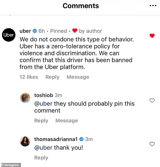 A fellow influencer, Adrianna Thomas, also took to Instagram to share Uber's response, where they confirmed that Frank the Uber driver is now banned and that they 