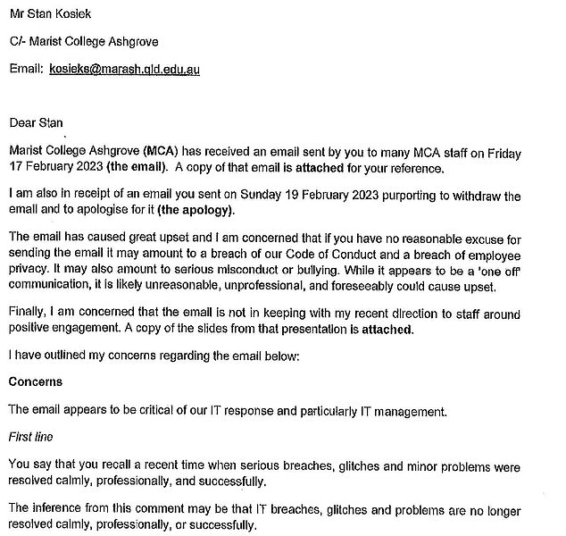 The head of the school, Michael Newman, sent Mr Kosiek a five-page email saying his email had 'caused major upset' and 'could amount to serious misconduct or bullying'.