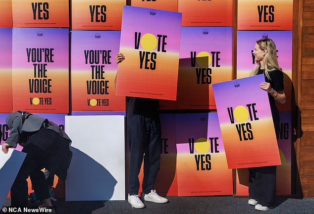 Students were told to work Yes to ensure Australia reconciled with the Aboriginal and Torres Strait Islander people.  Pictured are Yes campaigners