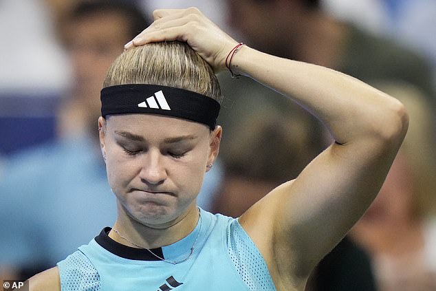 Karolina Muchova, from the Czech Republic, reacts during a match against Coco Gauff