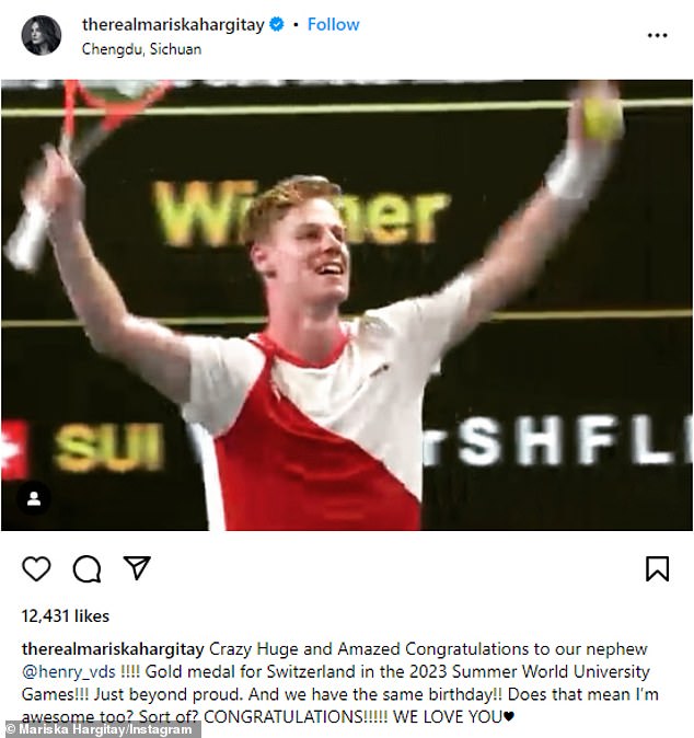 Among her many tennis-related posts on Instagram, in an Aug. 6 post, Hargitay shouted out to her cousin Henry von der Schulenburg for winning the gold medal at the FISU World University Games.