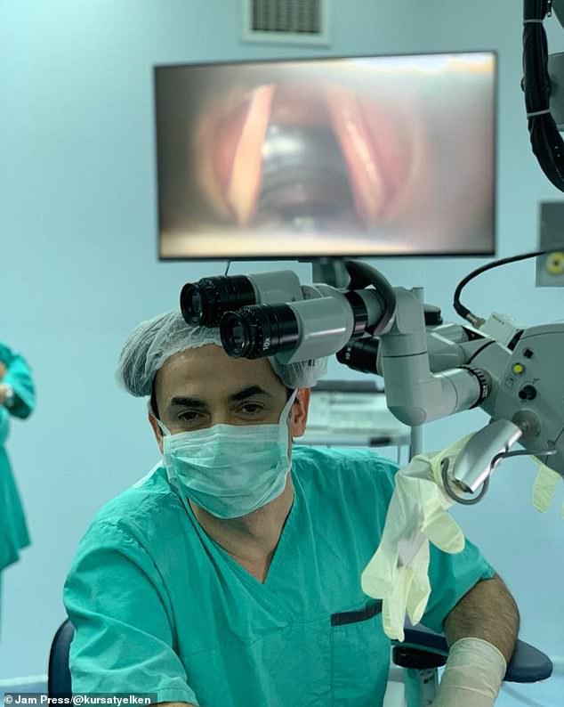 Pictured above is Dr Kursat Yelken, who runs a clinic in Istanbul, Turkey, performing the surgery.  The photo on the screen behind him shows the vocal cords