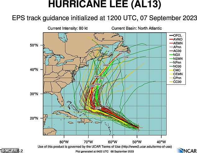 A spaghetti model shows the possible course of Hurricane Lee: the closer the lines are together, the stronger the forecast