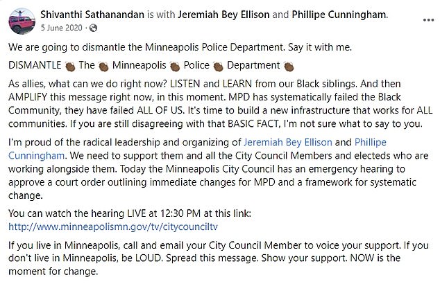 Sathanandan called for the dismantling of the Minneapolis Police Department in 2020