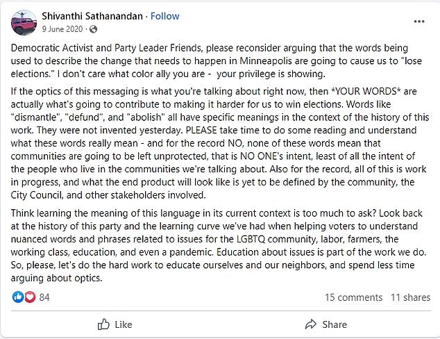 In another post, Sathanandan shared his thoughts on the language surrounding the lifting of police funding