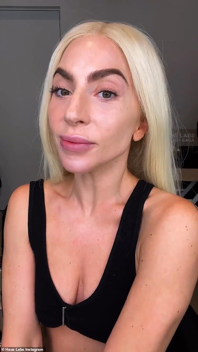 Day of launch!  The 37-year-old singer took to Instagram to confirm the launch of her new triclone skin tech concealer, which costs $32 (Lady Gaga is pictured after applying the product)