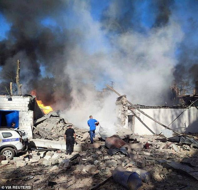 Burning buildings are seen at the site of a Russian missile attack, amid the Russian attack on Ukraine, in Kryvyi Rih, Dnipropetrovsk region, Ukraine, September 8, 2023