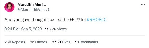 Perhaps the funniest response came from Monica's RHOSLC co-star Meredith Marks, who was previously accused of turning Shah into the FBI